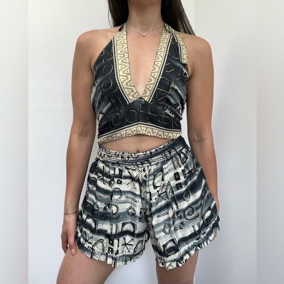 Black Silk Two Piece Halter Top & Short Set Handmade Indian Tribal Print Size S - Picture 1 of 16